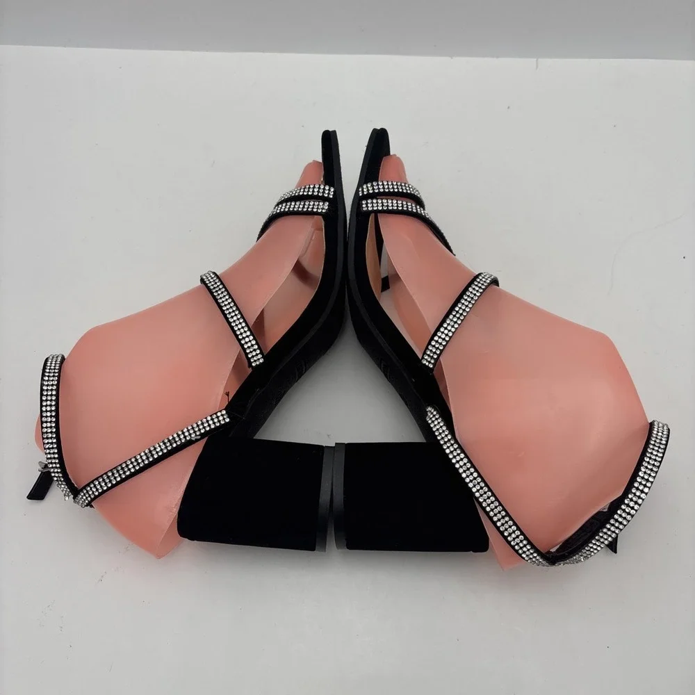 TOP MODA Women's Black/Silver Strappy Rhinestone Ankle Strap Buckle Heel  6.5